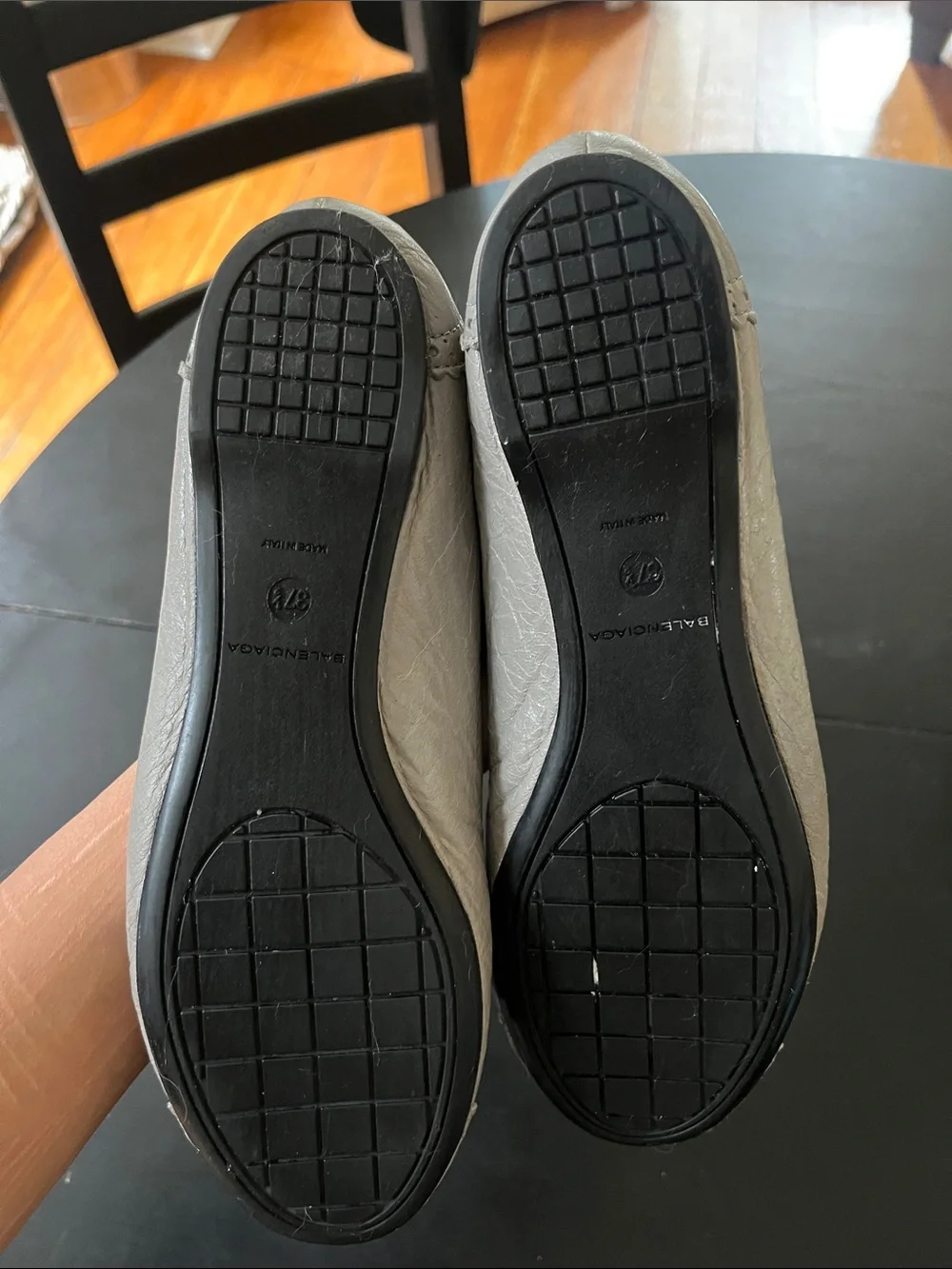 Balenciaga Women's Light Gray Leather Ballet Flats with Button Detail